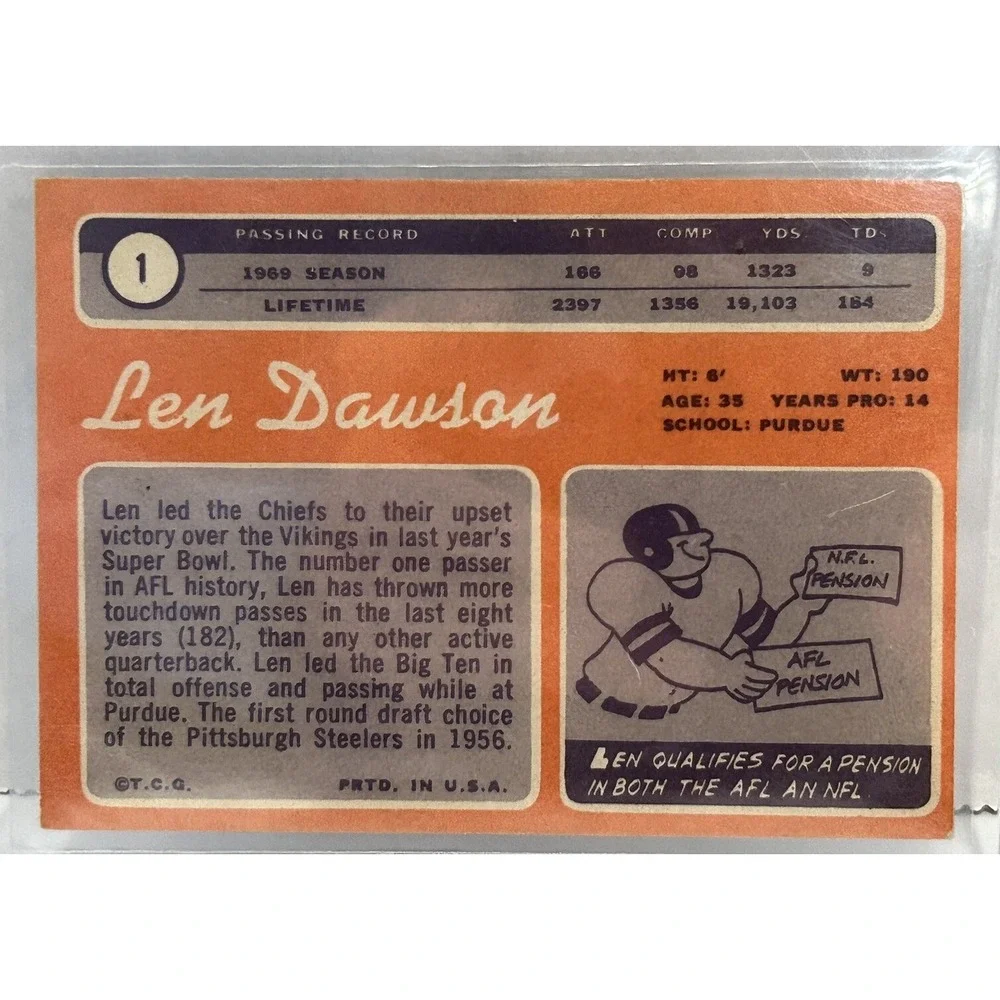 Len Dawson Kansas City Chiefs #1 Pittsburgh Steelers‎ Quarterback 1970 Topps